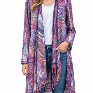 Parsely and Sage 100% wool sweater, open front, vibrant bold colours, boho chic